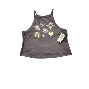 Torrid 00 M/L Vintage Black Symbols Roxy Hi Neck Crop Tank‎ Top NWT